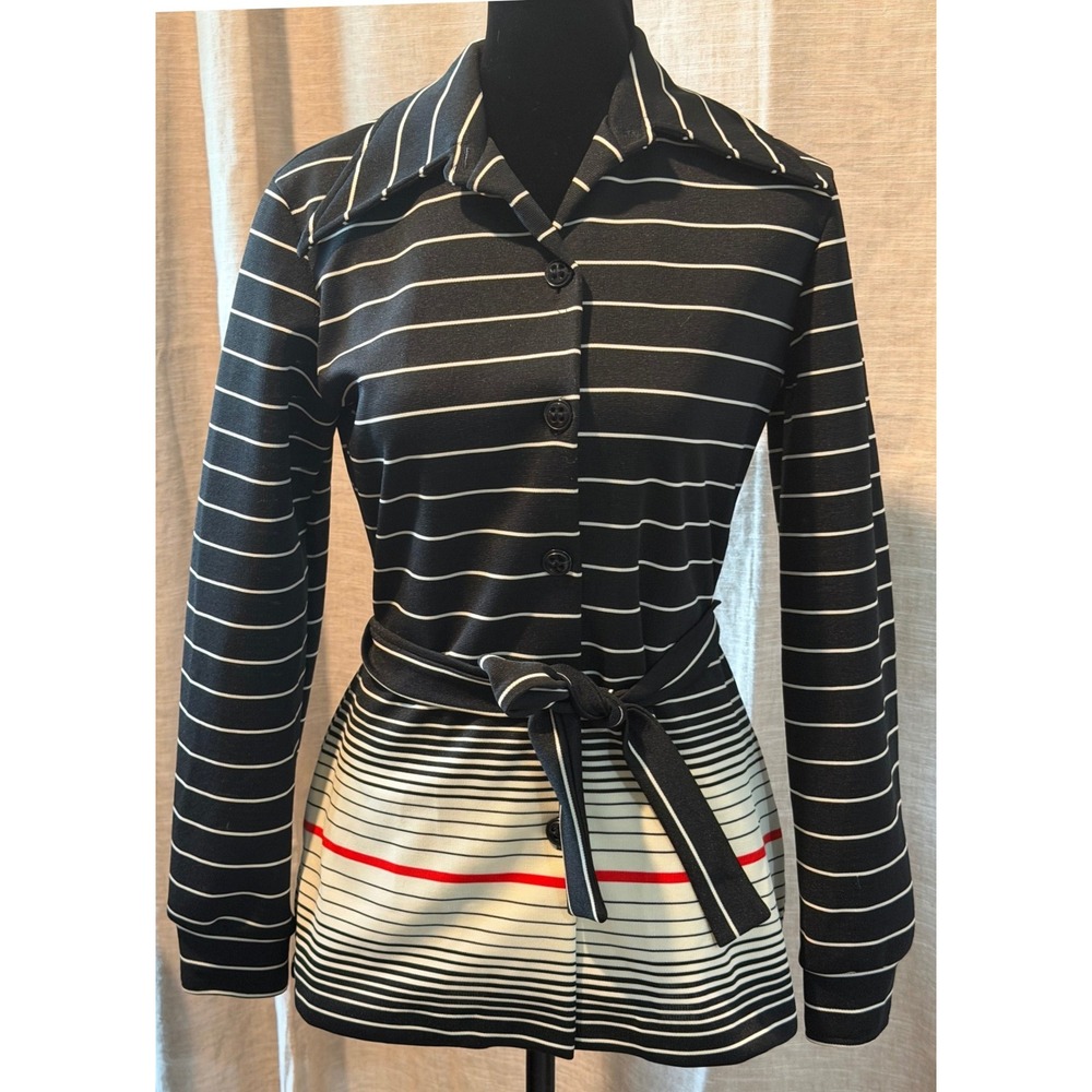 Vintage JCPenney Fashions Striped Button Front Belted Blouse Black White Red M‎